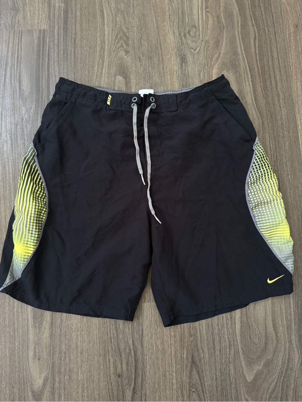 Nike Black and Gray Athletic Swim Shorts with White Swoosh
